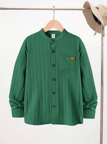 Áo sơ mi tay dài cổ đứng có túi xếp nếp họa tiết cho bé trai tuổi mới lớn, mùa thu - màu xanh lá - Xem 4
