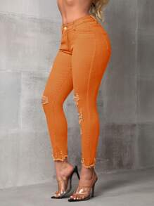 SHEIN SXY Solid Color Ripped Skinny Cargo Jeans, Casual & Versatile - Orange - View 4