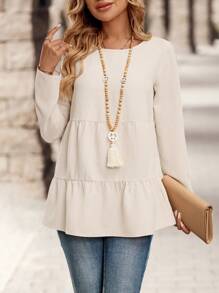 EMERY ROSE Women Solid Color Round Neck Loose Fit Peter Pan Collar Blouse For Autumn - Khaki - View 5