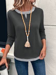 EMERY ROSE Casual Tops Long Sleeve Tops Women Striped Print Round Neck 2 In 1 Casual Daily Long Sleeve T-Shirt