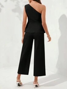 SHEIN Clasi 1 Set Top sin mangas acampanado y pantalones palazzo con volantes asimétricos para mujer - Negro - Ver 9