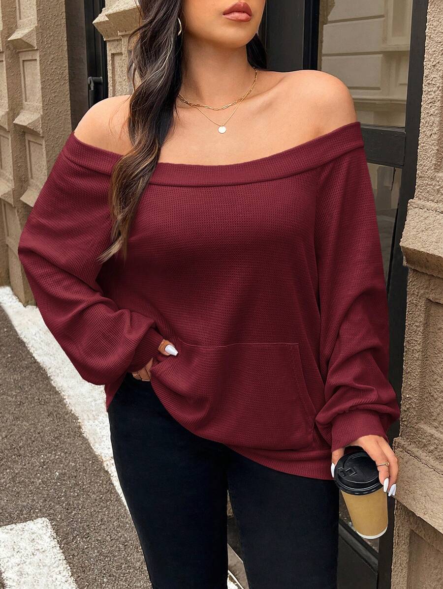 SHEIN Frenchy 大码纯色露肩长袖简约运动衫，休闲日常穿着，机场 - 酒紅色 - 查看 1