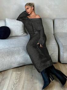 Roylia 女士露肩长袖休闲长裙 - 黑色 - 查看 5