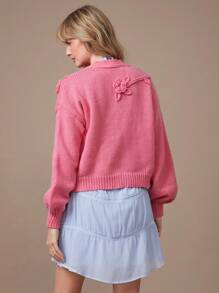 WESTFADE Summer Flower Applique Button Front Boxy Long Sleeve Cardigan Sweater - Pink - View 7