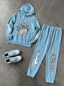 Manfinity Roghcode Bộ quần nỉ và áo hoodie có dây rút họa tiết chữ và nhện cho nam, trang phục thường ngày mùa thu - Màu xanh lam - Xem 1