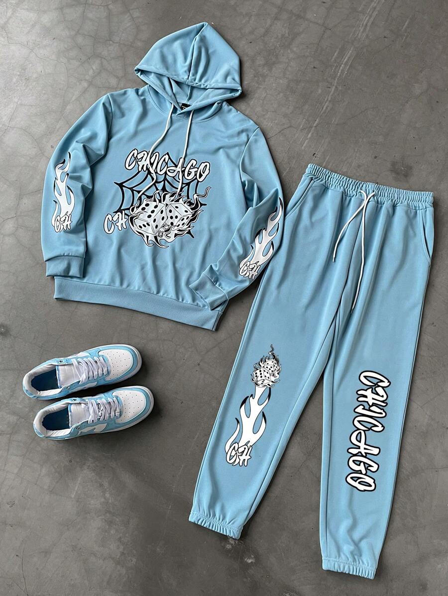 Manfinity Roghcode Bộ quần nỉ và áo hoodie có dây rút họa tiết chữ và nhện cho nam, trang phục thường ngày mùa thu - Màu xanh lam - Xem 1