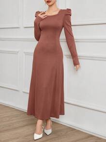 Modelyn 1 pieza Vestido midi elegante de unicolor con cierre en la cintura para mujer, Vestido largo de mujer para eventos de otoño