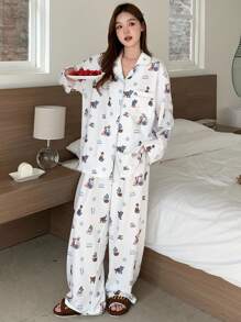 DAZY Cute Dog Allover Print Loose Pajama Set - White - View 5