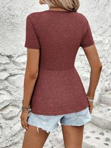 SHEIN Clasi Women Front Twist Ruched V-Neck Short Sleeve T-Shirt - Maroon - View 2