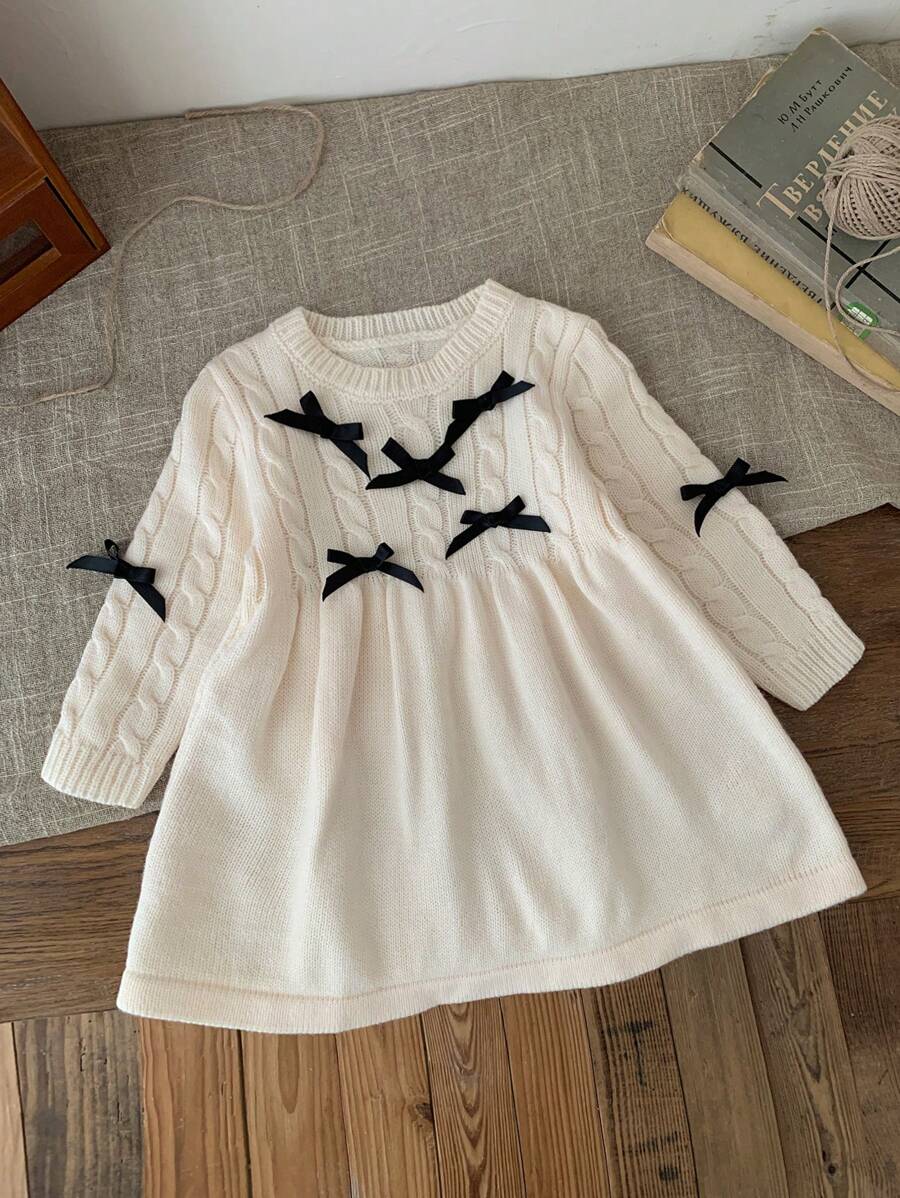 SHEIN LMoss Kids LMoss Baby Girl Cute Bow Long Sleeve Knit Sweater Dress, Autumn/Winter
