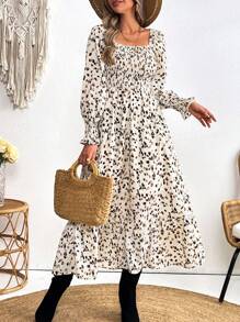 SHEIN VCAY Vacation Woven Print Squared Collar Long Sleeve Fitted Dress For Women