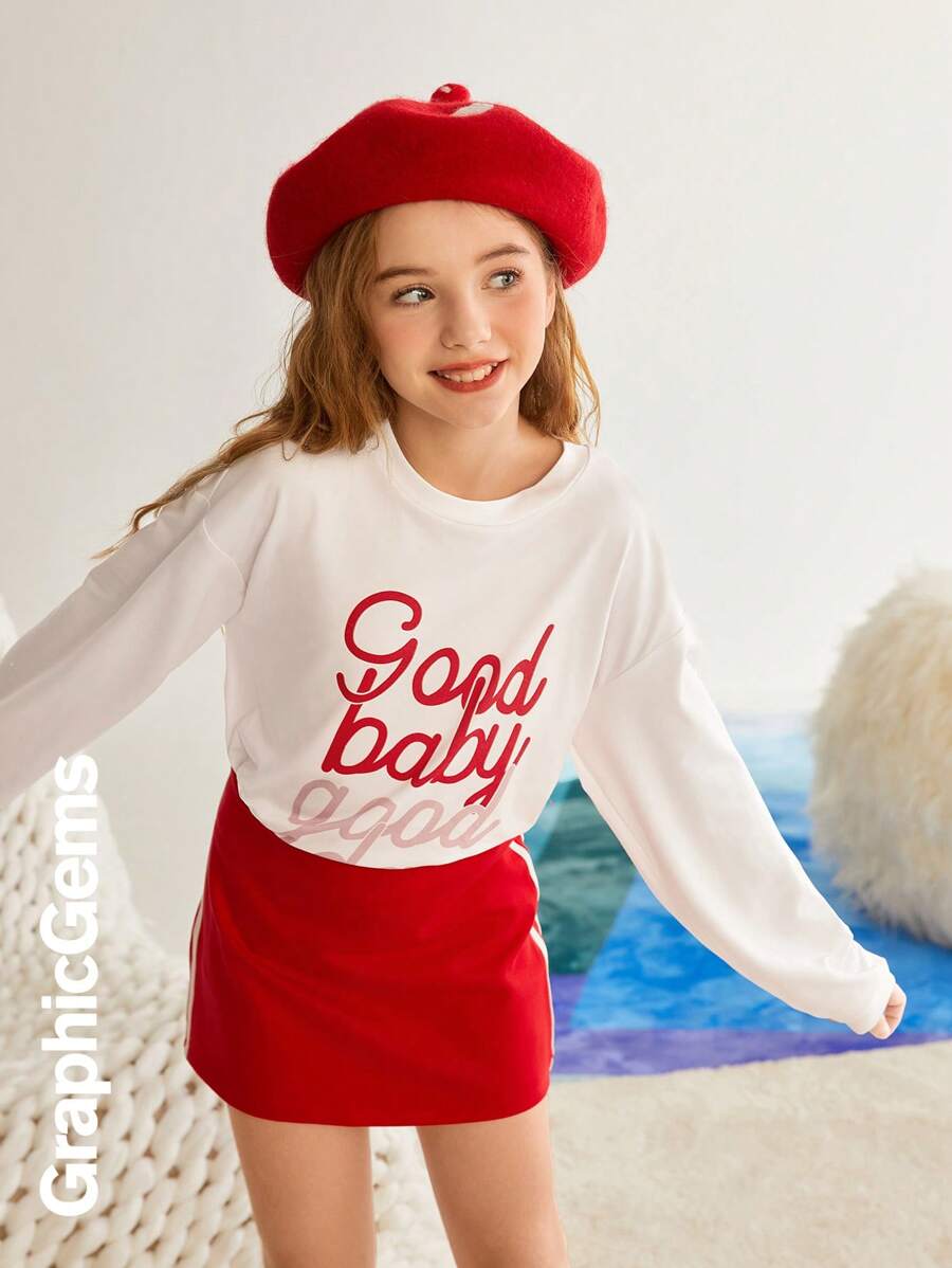 Tween Girl Casual Letter Print Long Sleeve T-Shirt - Beige - View 1