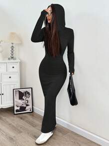SHEIN EZwear Women's Autumn/Winter Hooded Drawstring Fitted Long Sleeve Knit Bodycon Dress Long Sleeve Bodycon Dress Black Dress With Slit Long Black Dress Long Bodycon Dress Bodycon Maxi Dress Long Sleeve Dress Bodycon Maxi Dress Women - Black - View 5