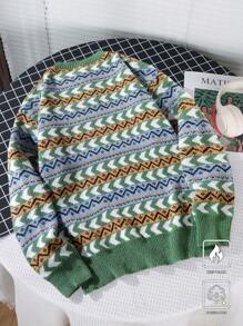 Claim Dot Men's Allover Print Button Crew Neck Casual Versatile Long Sleeve Pullover Sweater - Green - View 2