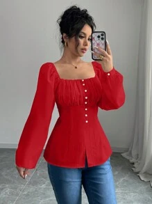 Chiquease 女士新款法式方领褶皱镂空细节开叉衬衫，适合新年衣服 - 紅色 - 查看 3