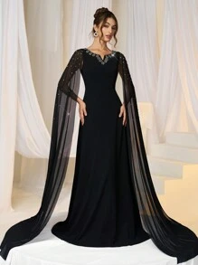 SHEIN Belle 女士奢华针织黑色拼色腰部镶宝石 A 字形正式晚礼服礼服提花连衣裙情人节连衣裙情人节连衣裙黑色鸡尾酒会礼服女士圣诞节黑色晚礼服正式派对礼服秋冬黑色性感网眼长袖伴娘礼服，优雅舞会礼服，适合婚礼嘉宾，毕业典礼，晚宴 - 黑色 - 查看 5