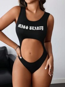 SHEIN Slayr 夏季女士性感字母印花镂空背心紧身连衣裤 - 黑色 - 查看 2