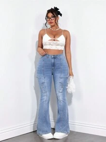 SHEIN ICON Y2K Elastic Denim Flare Leg Pants - Medium Wash - View 4