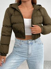 SHEIN VCAY Plus Size Simple Plain Color Cropped Hooded Padded Coat, Casual Winter