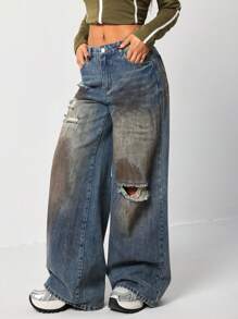 SHEIN EZwear 女式宽松低腰阔腿破洞牛仔裤，蓝色 - 藍色 - 查看 3