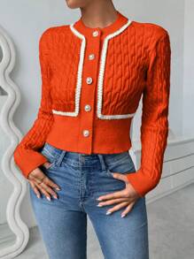 Chiquease Twist Knot Cable Knit Contrast Color Ruffle Trim Cardigan, Elegant Long Sleeve - Orange - View 1