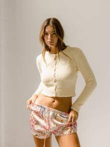 Aralina Cardigan de détente à manches longues avec boutons et devant court, à texture boucle - Jaune citron - Voir 6