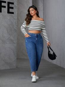 SHEIN Essnce 大码休闲牛仔裤，简约时尚，日常穿着 - 藍色 - 查看 6