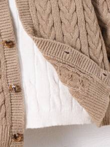 1 pezzo Cardigan con cappuccio rilassato, da ragazzi, in maglia a coste, tinta unita color cachi, adatto per viaggi, scuola, uso quotidiano, stagione autunno/inverno