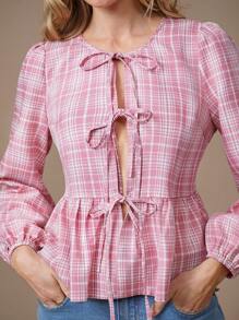 WESTFADE Western Cowgirl Plaid Tie Front Long Sleeve Ruffle Peplum Bow Top Spring Break Nashville