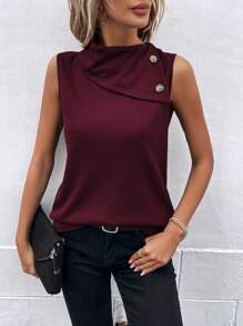SHEIN Clasi Camiseta de tirantes sólida y versátil para mujer con cuello alto y decoración de botones