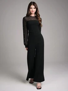 Teen Girl Elegant Party Prom Faux Pearl & Mesh Contrast Jumpsuit