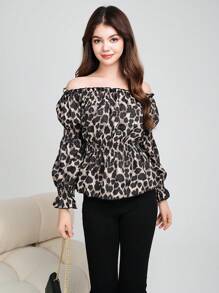 Teen Girls Casual Off Shoulder Leopard Print Blouse, Versatile Design - Multicolor - View 5