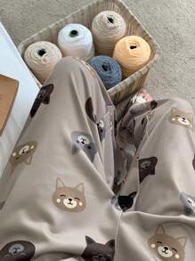 DAZY 可爱卡通猫咪印花宽松睡裤，秋冬款 - 卡其色 - 查看 8