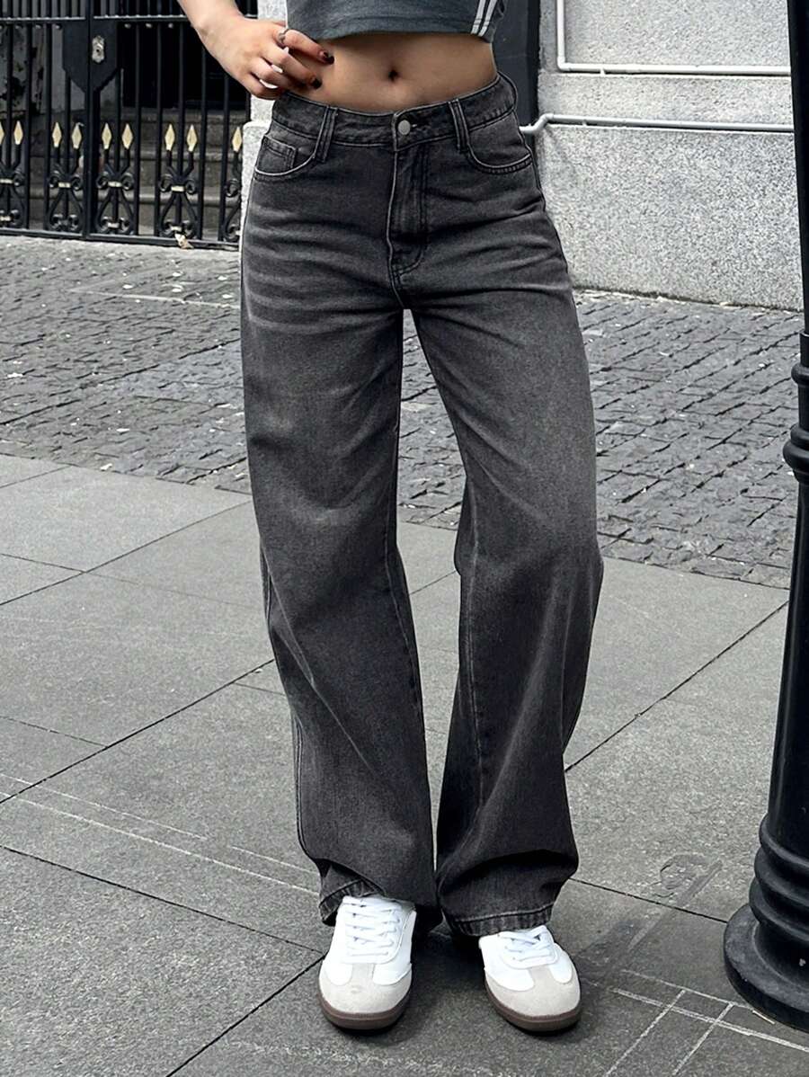 Loose Straight Pocket Casual Versatile Solid Color Denim Jeans