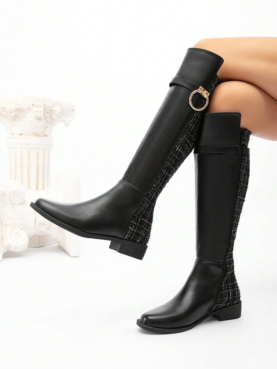 CUCCOO CHICEST 女士时尚百搭黑色过膝靴，金属扣装饰，侧拉链，圆头，粗跟，舒适冬靴，适合秋冬季圣诞节和新年假期氛围秋冬季 - 黑色 - 查看 1