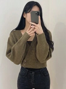DAZY Women's Solid Color Overlapping V-Neck Long Sleeve Sweater, Autumn/Winter - Army Green - View 2