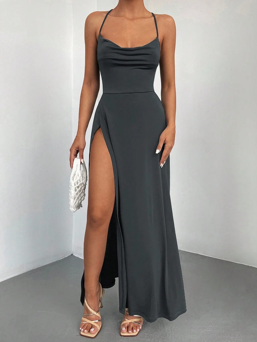 Draped Collar Split Thigh Cami Dress - Black - View 1