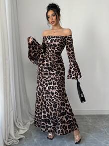 Chiquease 女士露肩喇叭袖鱼尾下摆豹纹连衣裙，优雅长款女装 - 棕色 - 查看 4