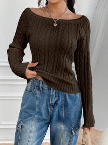 SHEIN Unity 女式纯色船领插肩袖长袖休闲毛衣，秋冬款 - 咖啡棕 - 查看 6