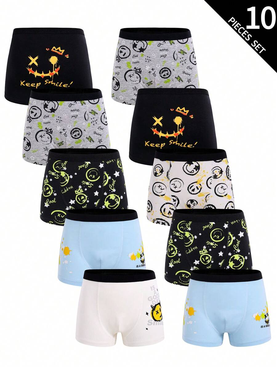 10pcs Cotton Boxer Brief For Tween Boys, Bright Colored Smiling Face Print, Homecoming Clothes