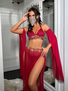 5件情人节女士无钢圈文胸内衣套装 - 酒紅色 - 查看 1