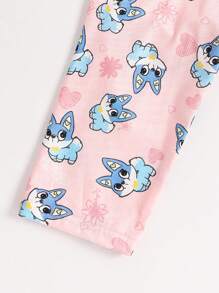 2 piezas Pijama casual de niña bebé/pequeña con estampado de animal lindo, conjunto de top de manga larga y pantalones con fondo rosa, ropa cómoda para estar en casa - Rosa - Ver 5