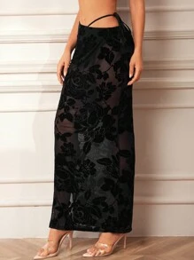 CHRISTIAN SPINELLI Falda larga asimétrica de gasa con estampado de flores y flores, de cintura baja, de terciopelo negro, diseñadora, para fiestas, vacaciones, primavera, festivales