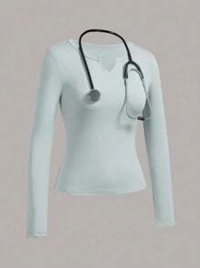 TaskEZ Plain Notched Neck Long Sleeve Scrub Uniform Top - Multicolor - View 3