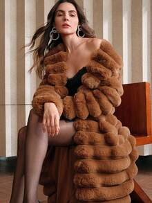 Anewsta 仿皮草长款大衣，时尚女士皮草外套，秋冬 - 鏽棕色 - 查看 3