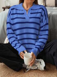 Flirla 大码女式法式条纹翻领落肩长袖针织毛衣，秋冬款 - 彩色 - 查看 6