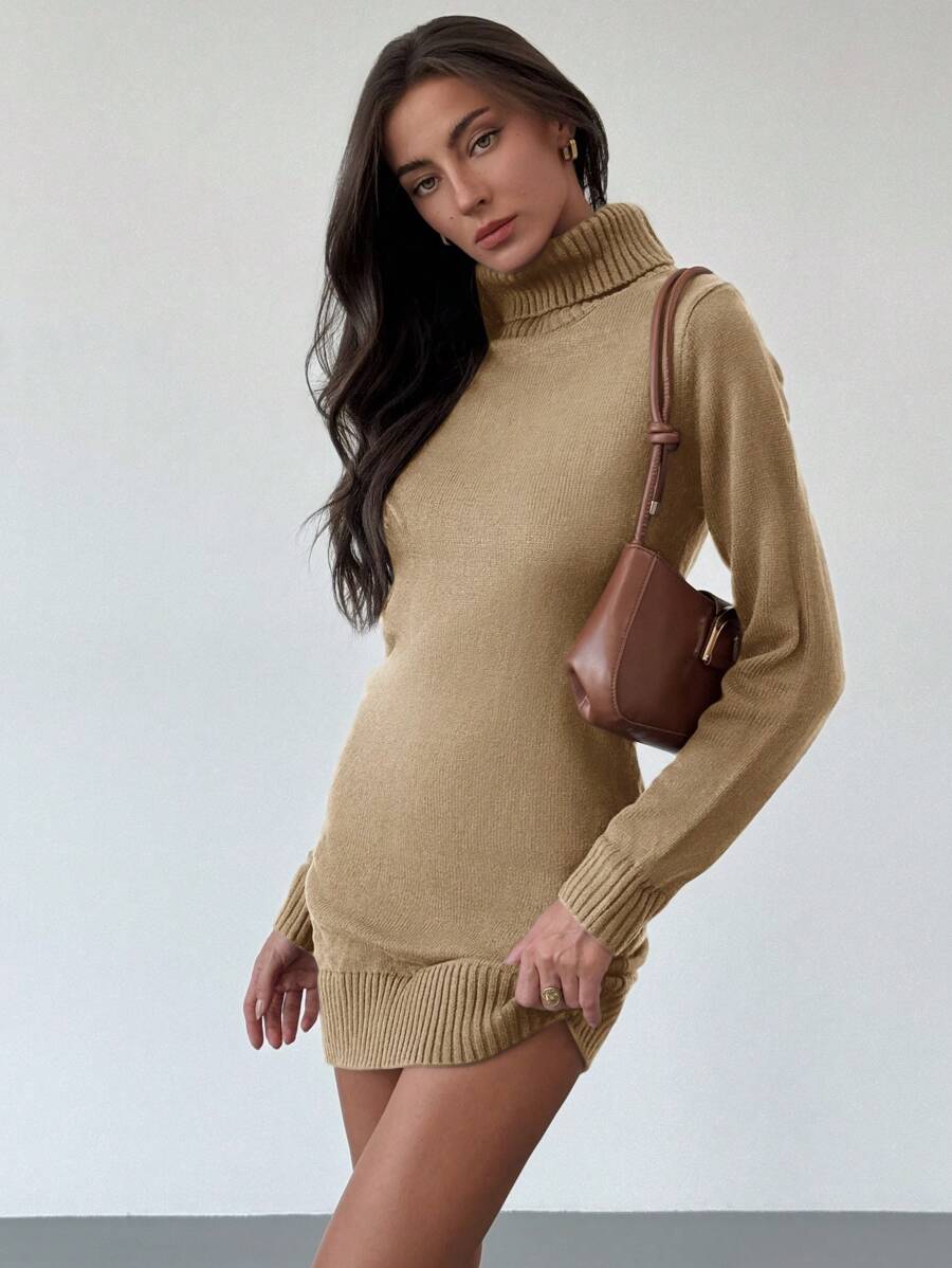 Aloruh New High Collar Comfortable Warm Underlayer Versatile Coffee Color Knit Short Bodycon Sweater Dress - Camel - View 1