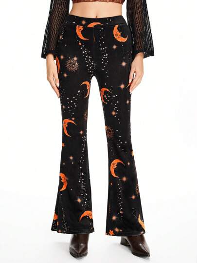 Hippie Pantalon évasé en velours avec imprimé étoile et lune hippie pour femmes
