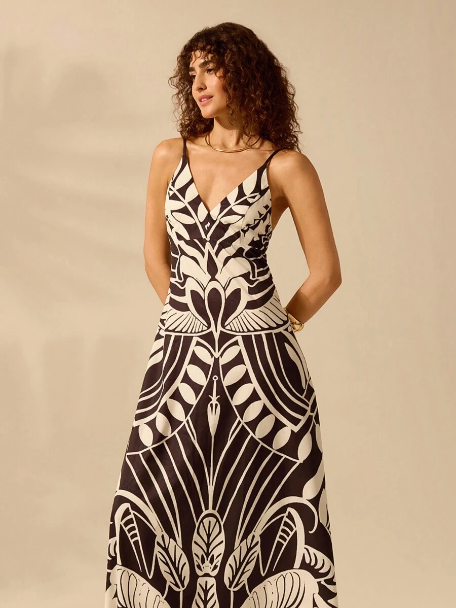 CAJUNI Boho-Kleid mit tropischem Muster in Schwarz und Beige für Damen, lässiges Sommerkleid für den Urlaub