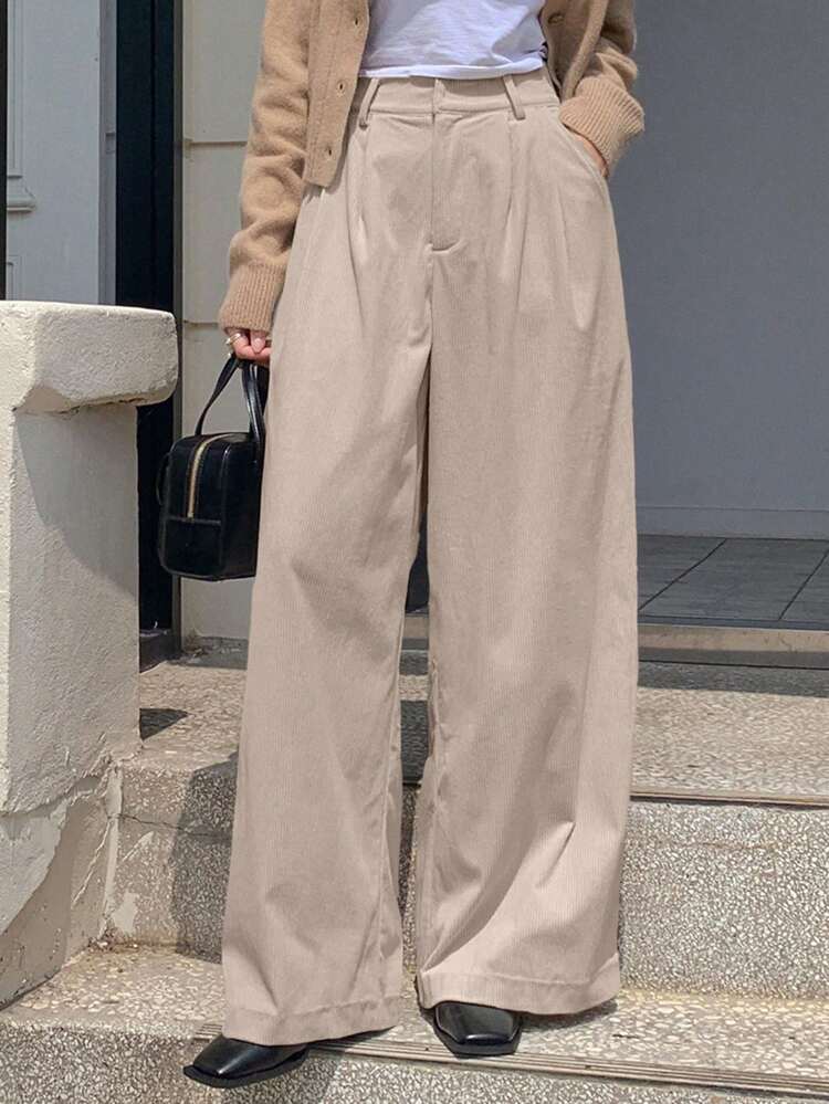 Solid Color Loose Pocket Flared Leg Corduroy Pants For Women Fall,Winter